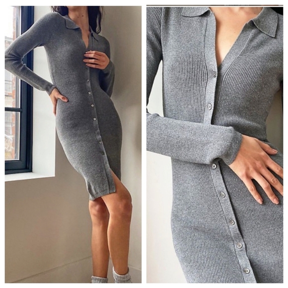 WILFRED Cove Dress Heather Oatmeal Button Sweater Grey Turner Taupe XS Aritzia - Picture 1 of 12